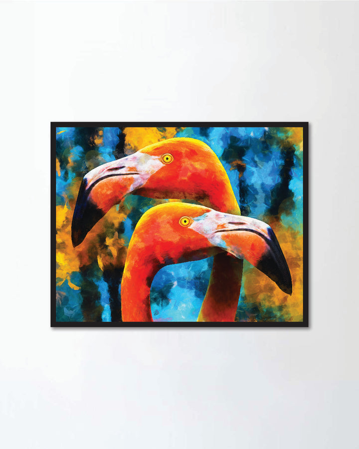 modern oil painting of lovely couple orange flamingos