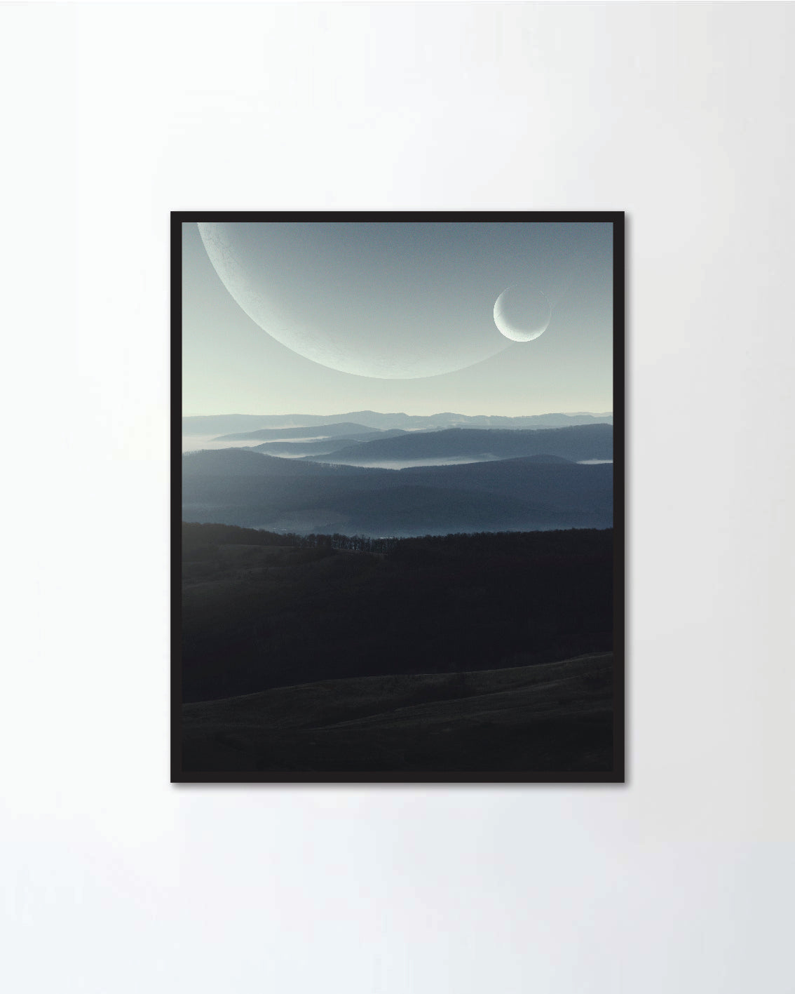 Planets and moons above hills