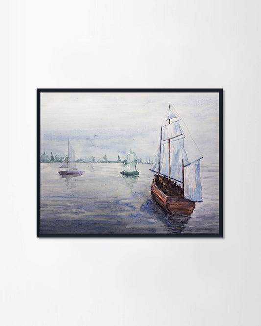 Sea with sailboat, ship under overcast sky