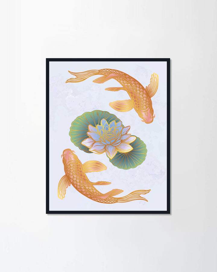Ethnic fish Koi carp with water lotus flowers