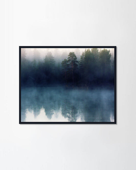 Autumn with mirrored pine forest