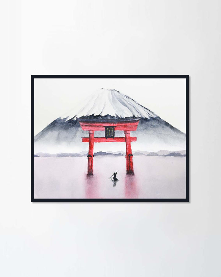 watercolor fuji mountain and torii gate.