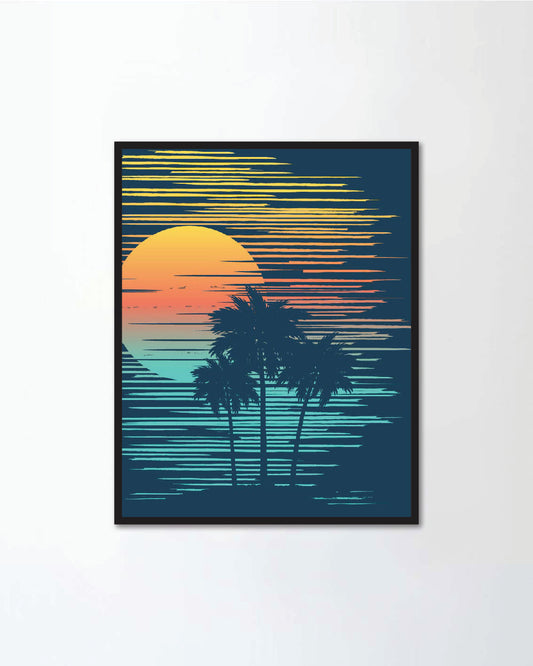 Sunset on tropical beach with palm tree. Sun over evening sea