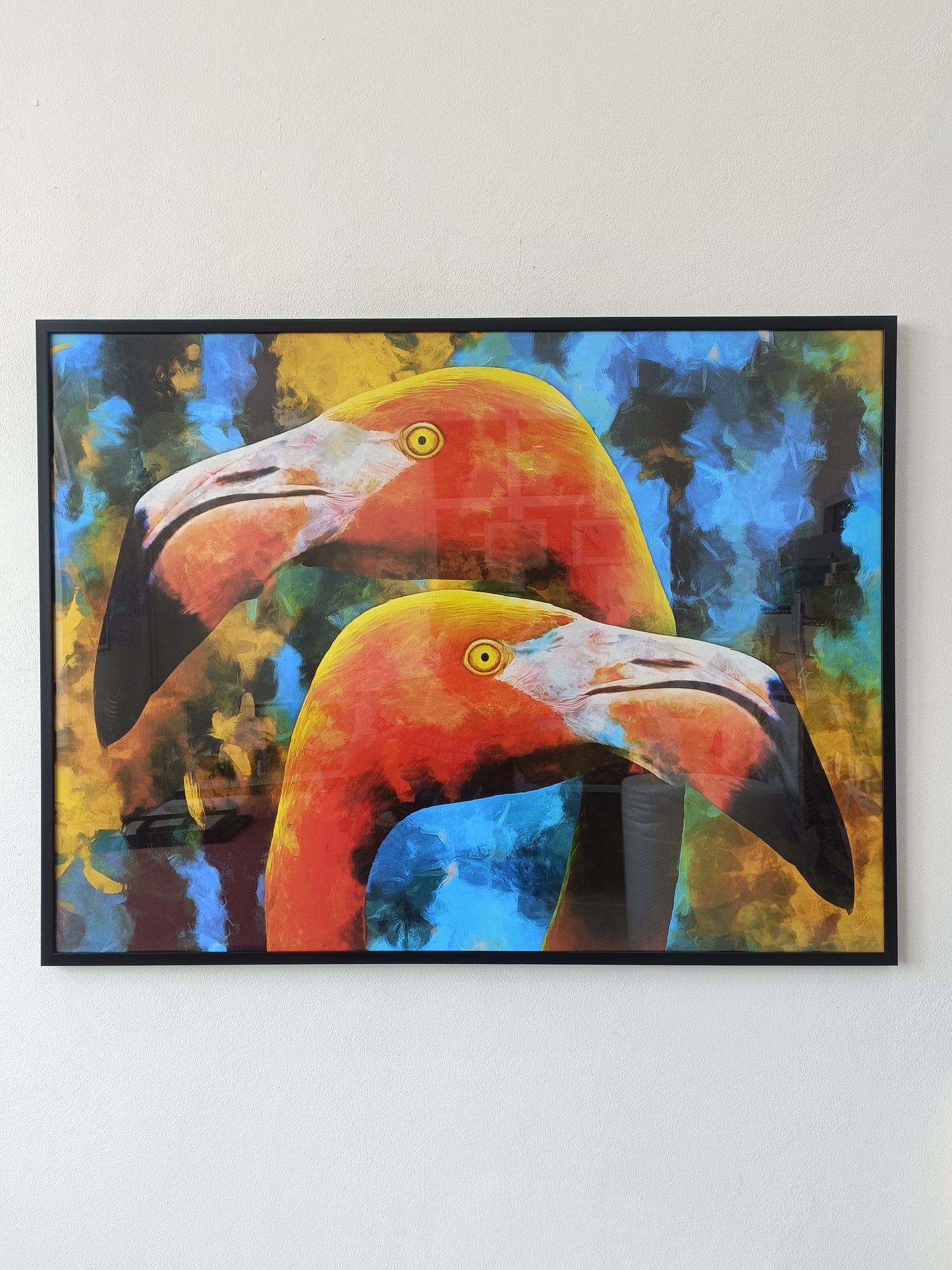 modern oil painting of lovely couple orange flamingos