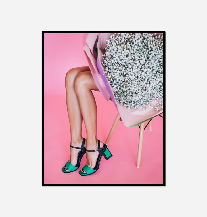 woman sitting chair bouquet flowers