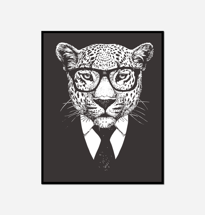 leopard wearing glasses tie