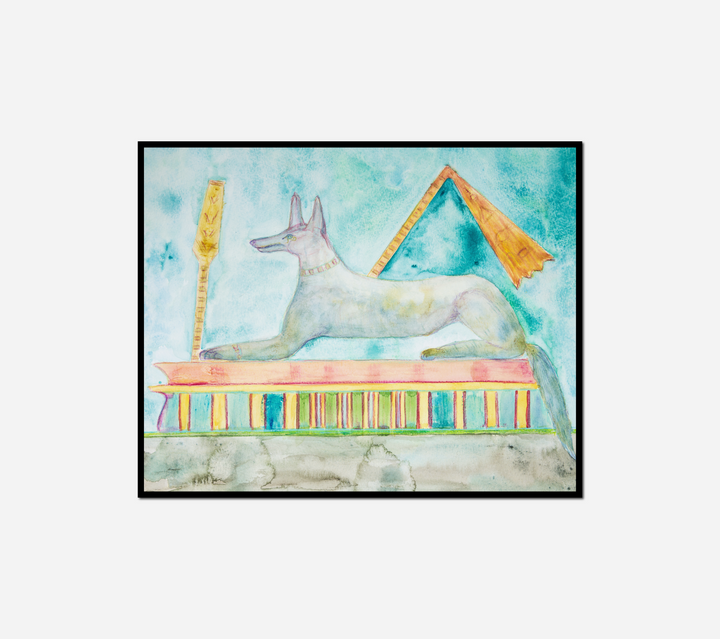 painting dog laying bench yellow umbrella