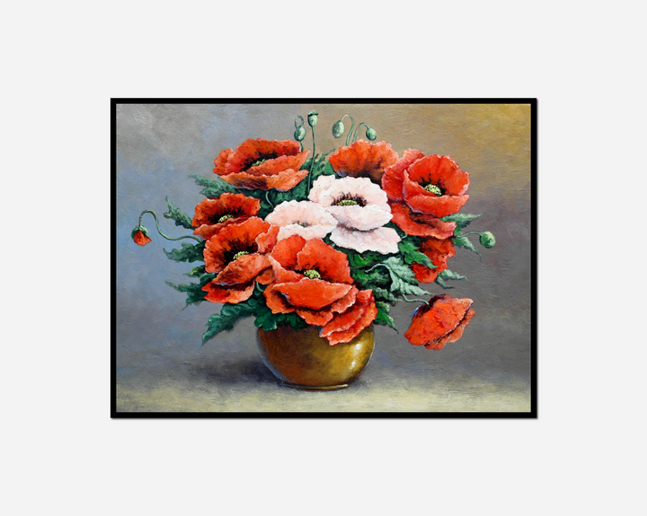 painting vase red white flowers table