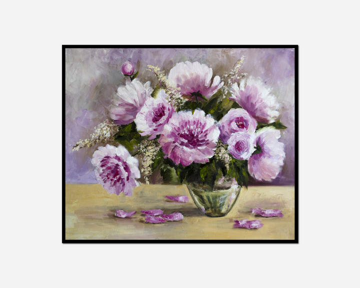 painting vase pink flowers table