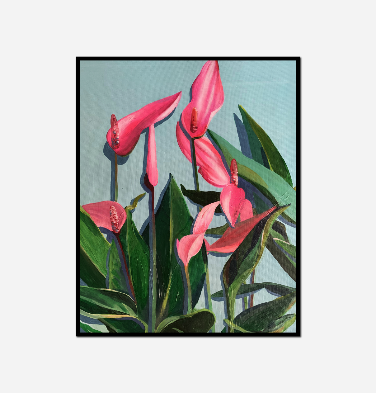 painting pink flowers against blue sky