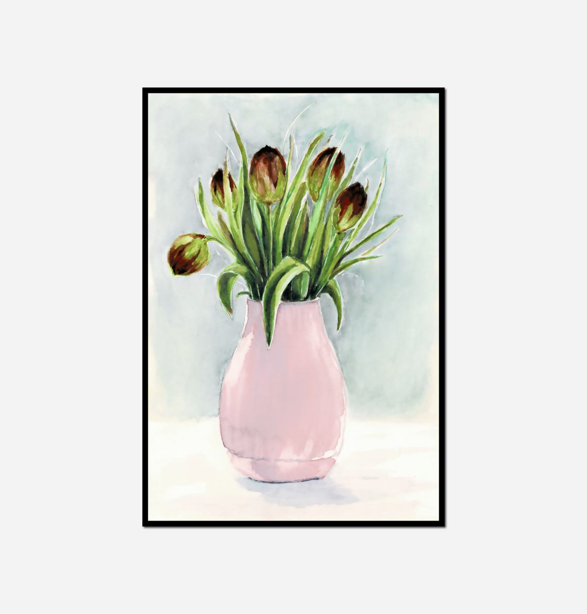 painting pink vase tulips table