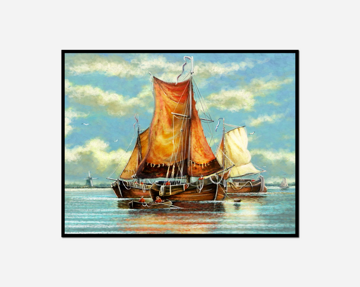 painting sailboat orange sails ocean