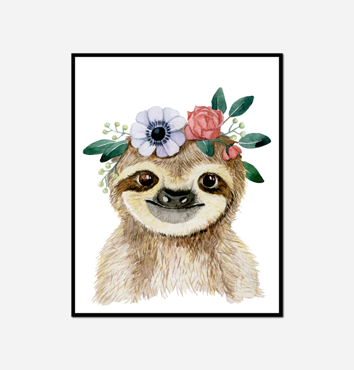 close sloth wearing flower crown white