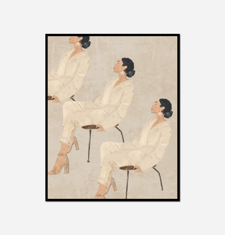 three women sitting stool room