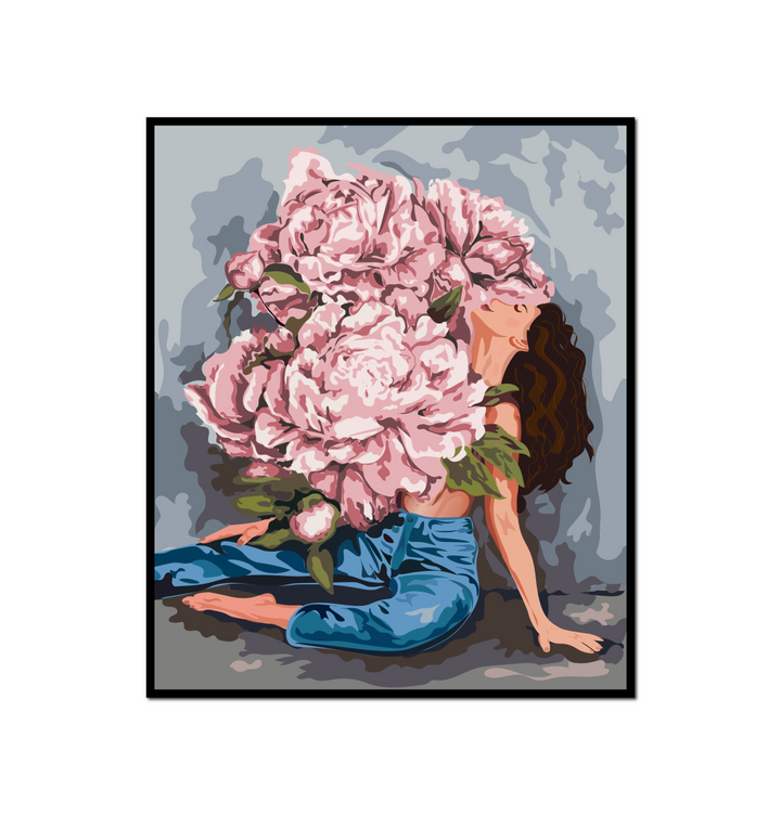 woman bouquet pink flowers sitting ground