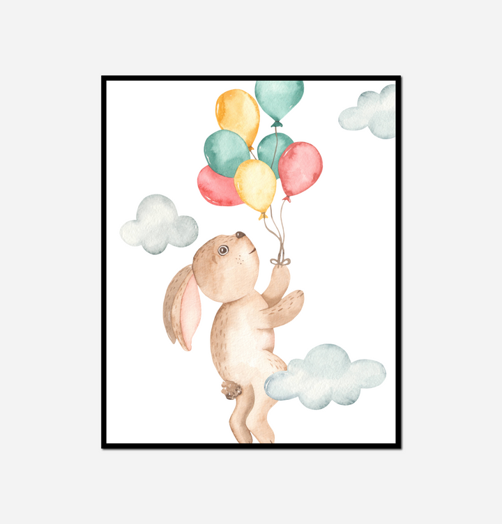watercolor painting bunny flying balloons