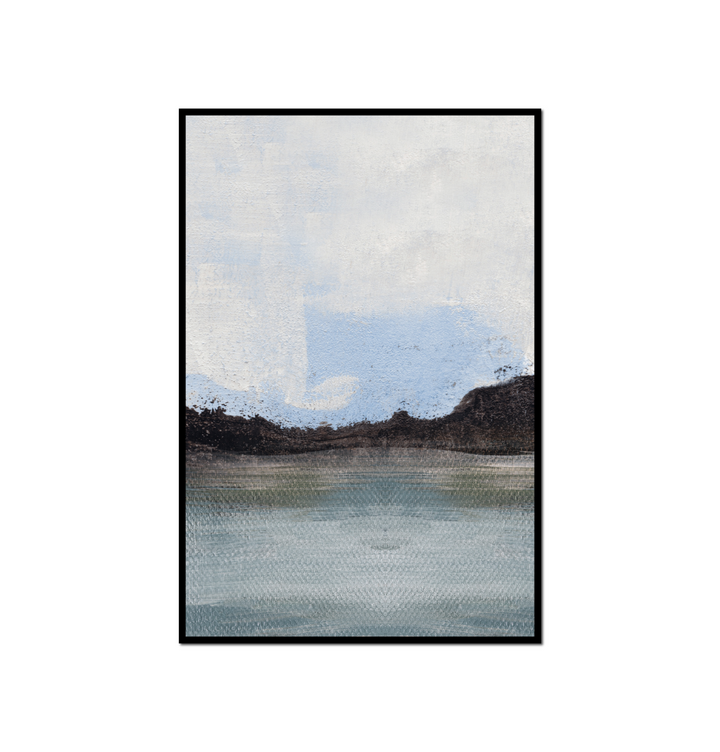 painting blue lake white sky some trees