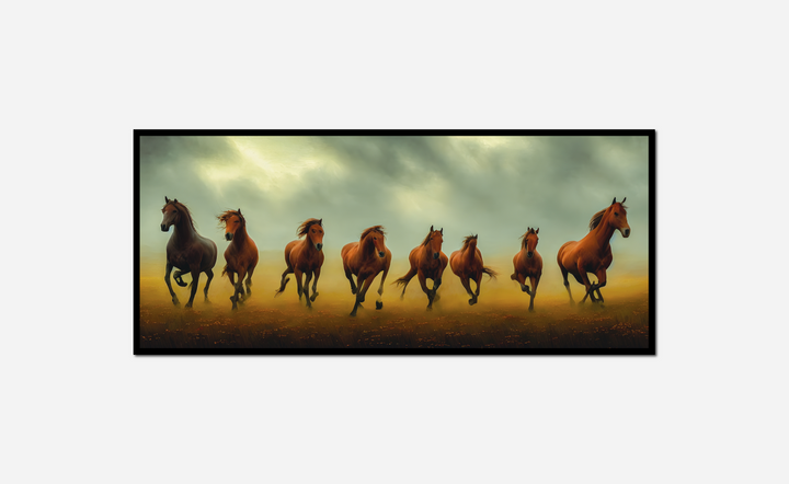 horses running line field cloudy sky