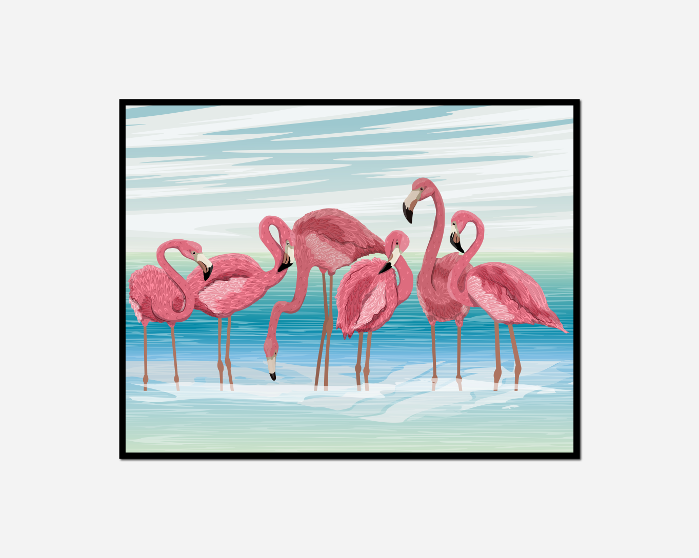 four flamingos standing water together