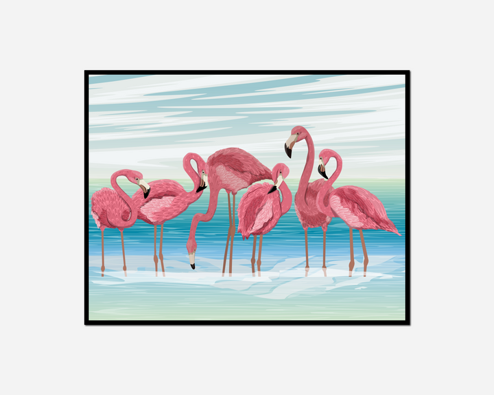 four flamingos standing water together