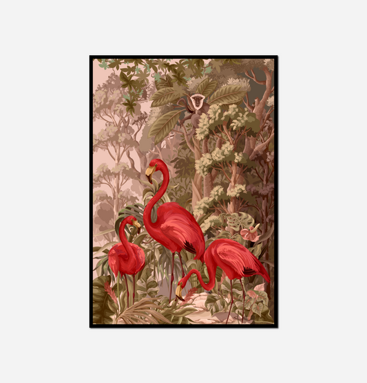 two flamingos standing grass near tree