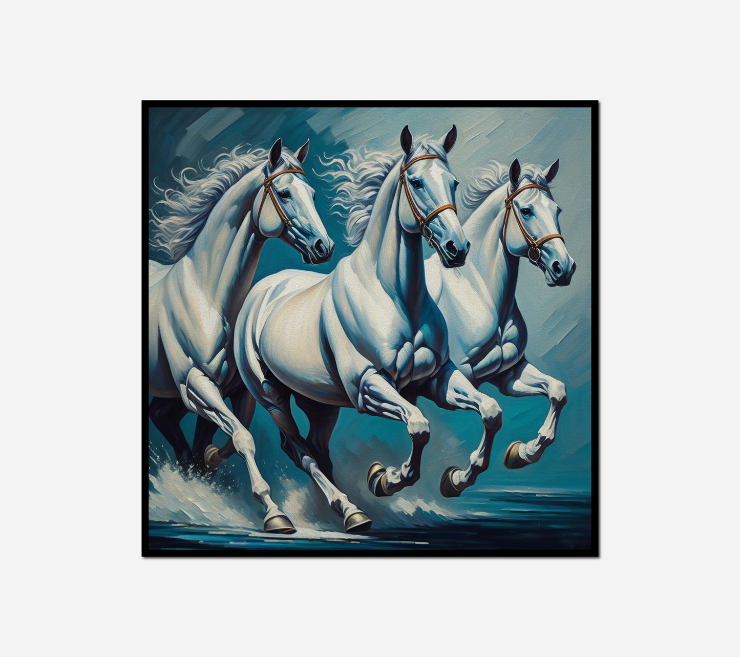 painting three white horses running water