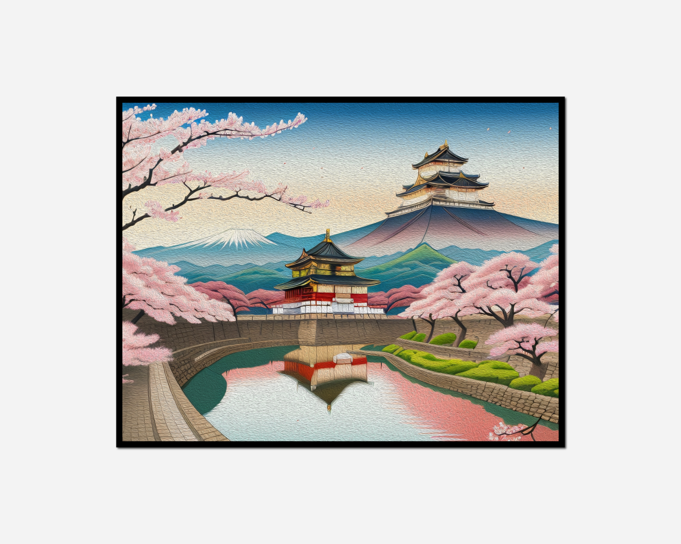 painting japanese landscape pagoda lake