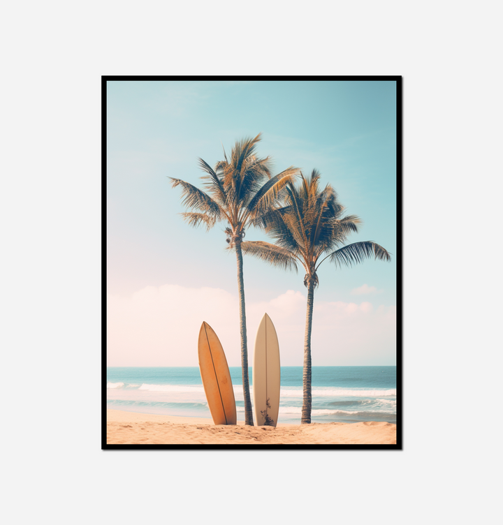 two surfboards sitting beach next palm trees