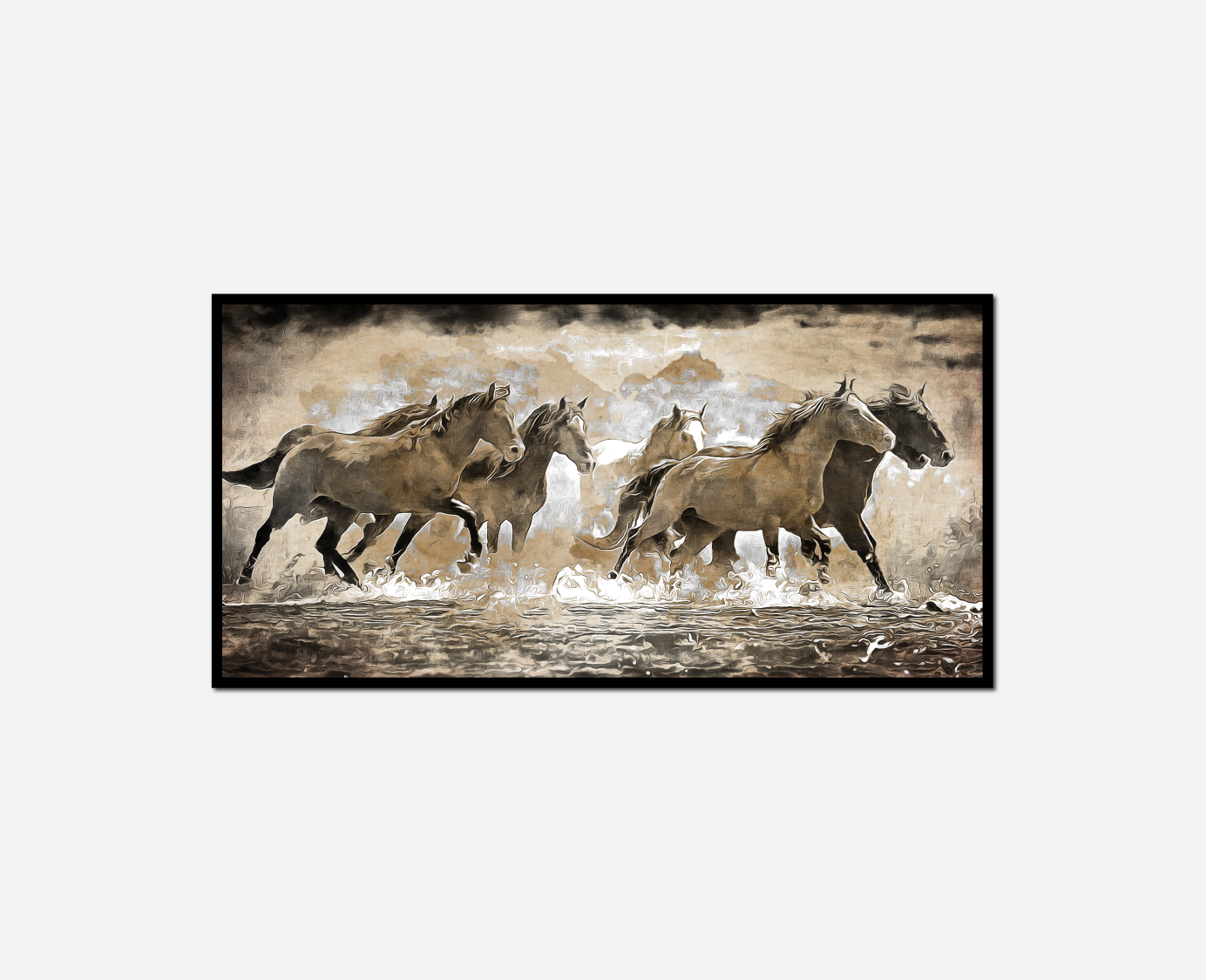 horses running water black