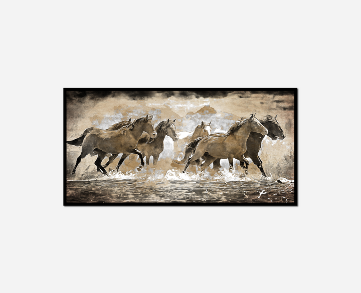 horses running water black