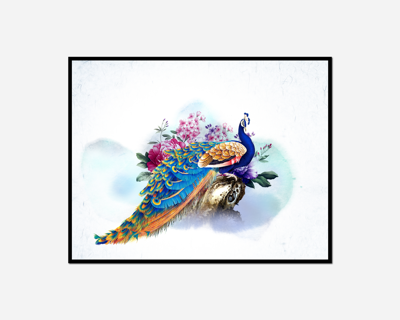 peacock sitting tree branch flowers