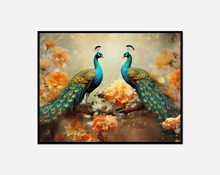 two peacocks sitting branch flowers