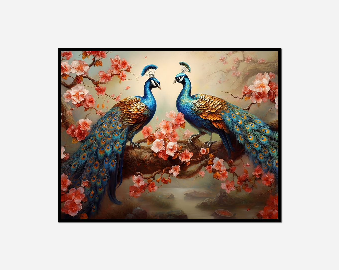 painting two peacocks sitting branch flowers