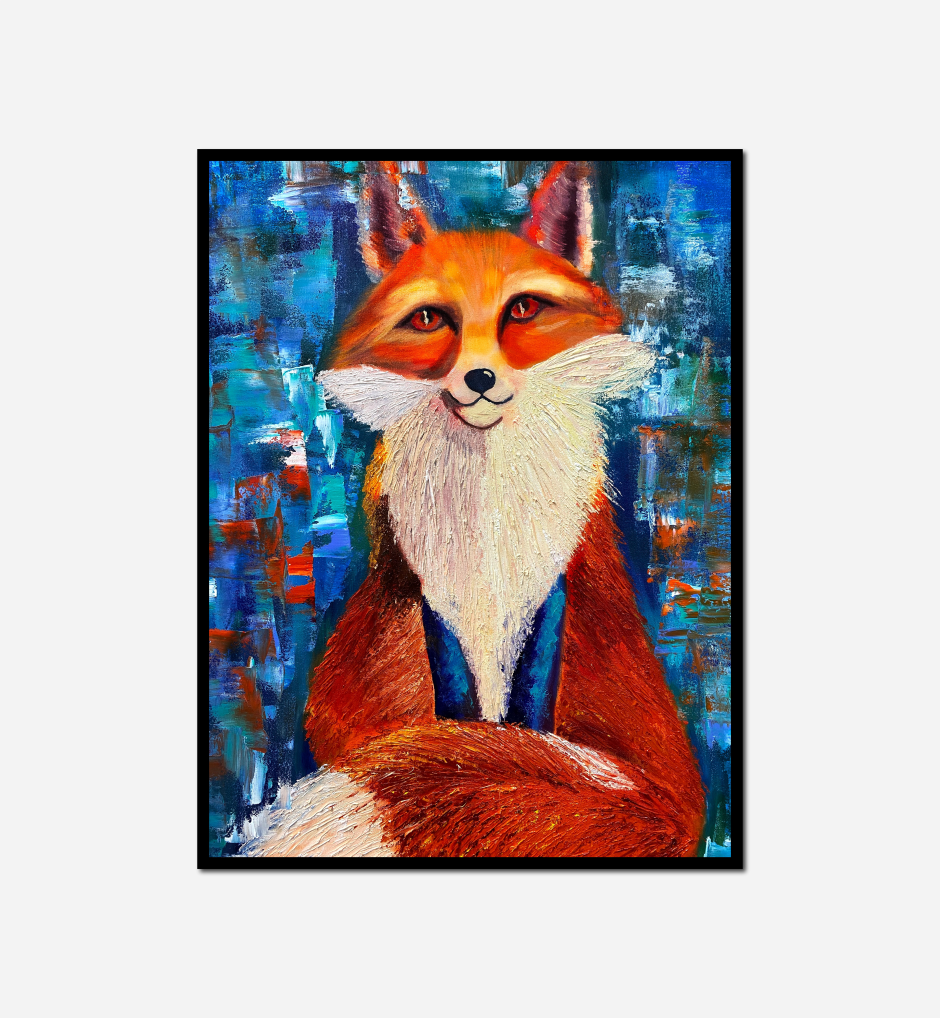 painting fox blue shirt red tail