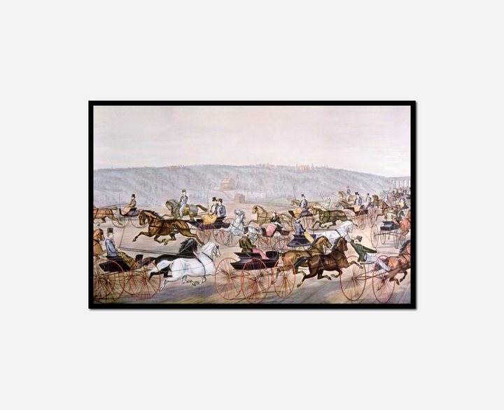 painting horse drawn carriage race group people