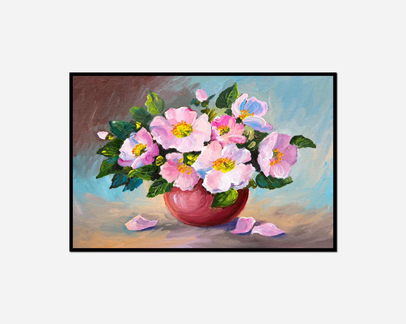 painting vase pink flowers green leaves