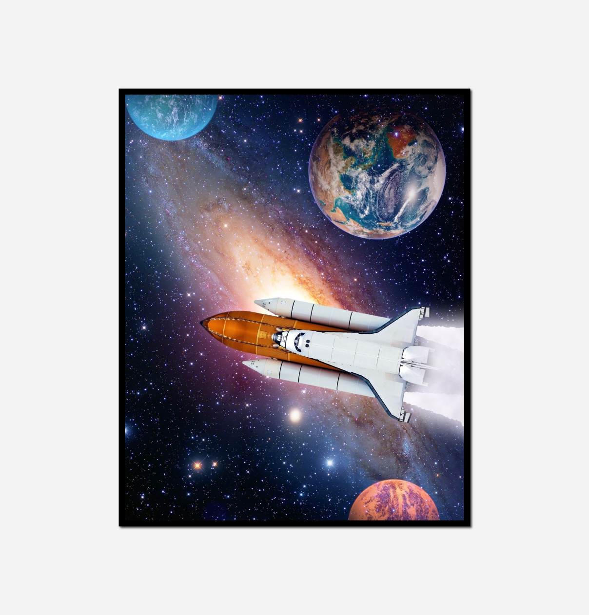 space shuttle flying galaxy planets