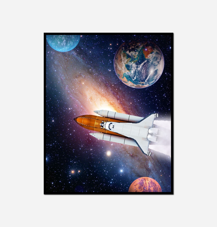 space shuttle flying galaxy planets