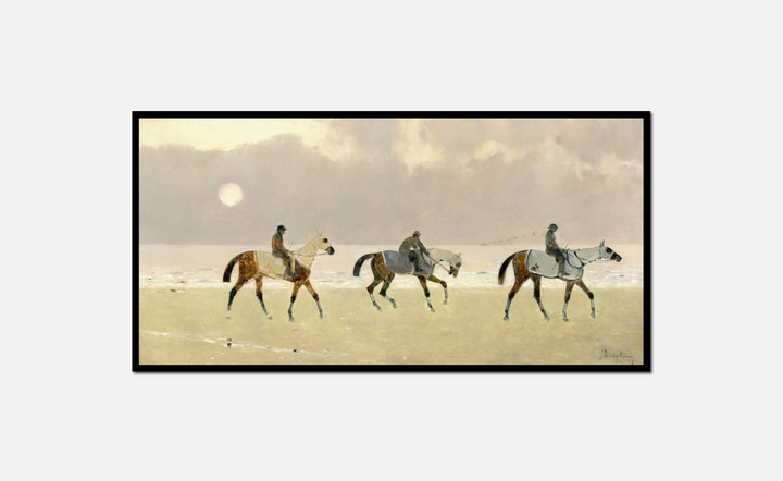 three people riding horses beach at sunset