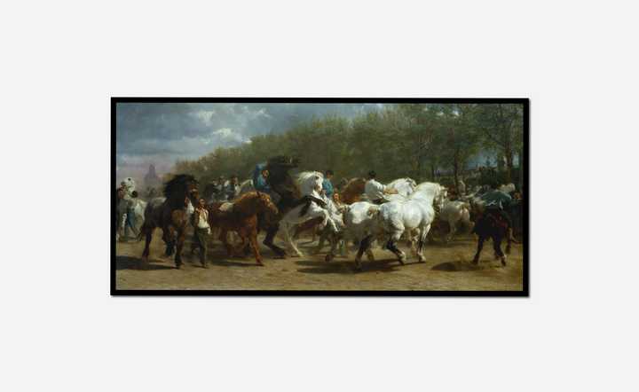 painting group men horses dirt field