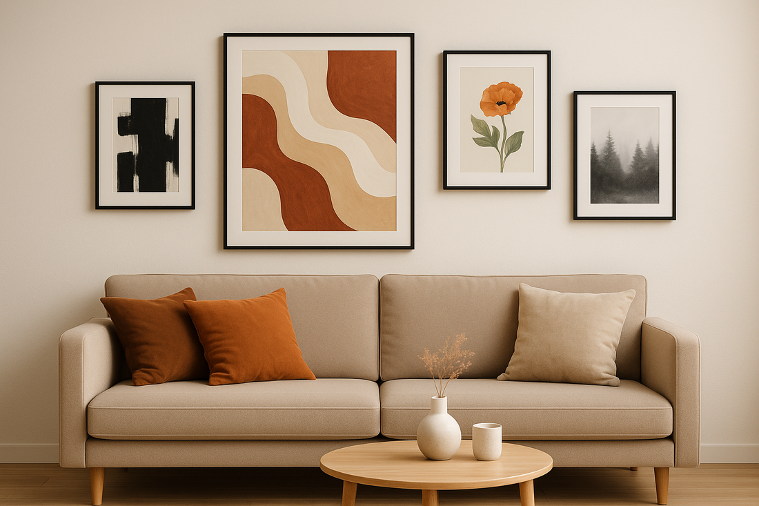 ห้องรับแขกสไตล์มินิมอลตกแต่งด้วยโซฟาสีเบจและรูปภาพติดผนังหลายขนาด จัดวางเหนือโซฟาห่างประมาณ 15–20 เซนติเมตร ภาพศิลปะประกอบด้วยงานแนวแอบสแตรกต์ ภาพดอกไม้ และภาพถ่ายขาวดำ โทนสีอบอุ่นให้ความรู้สึกสบายและสมดุล