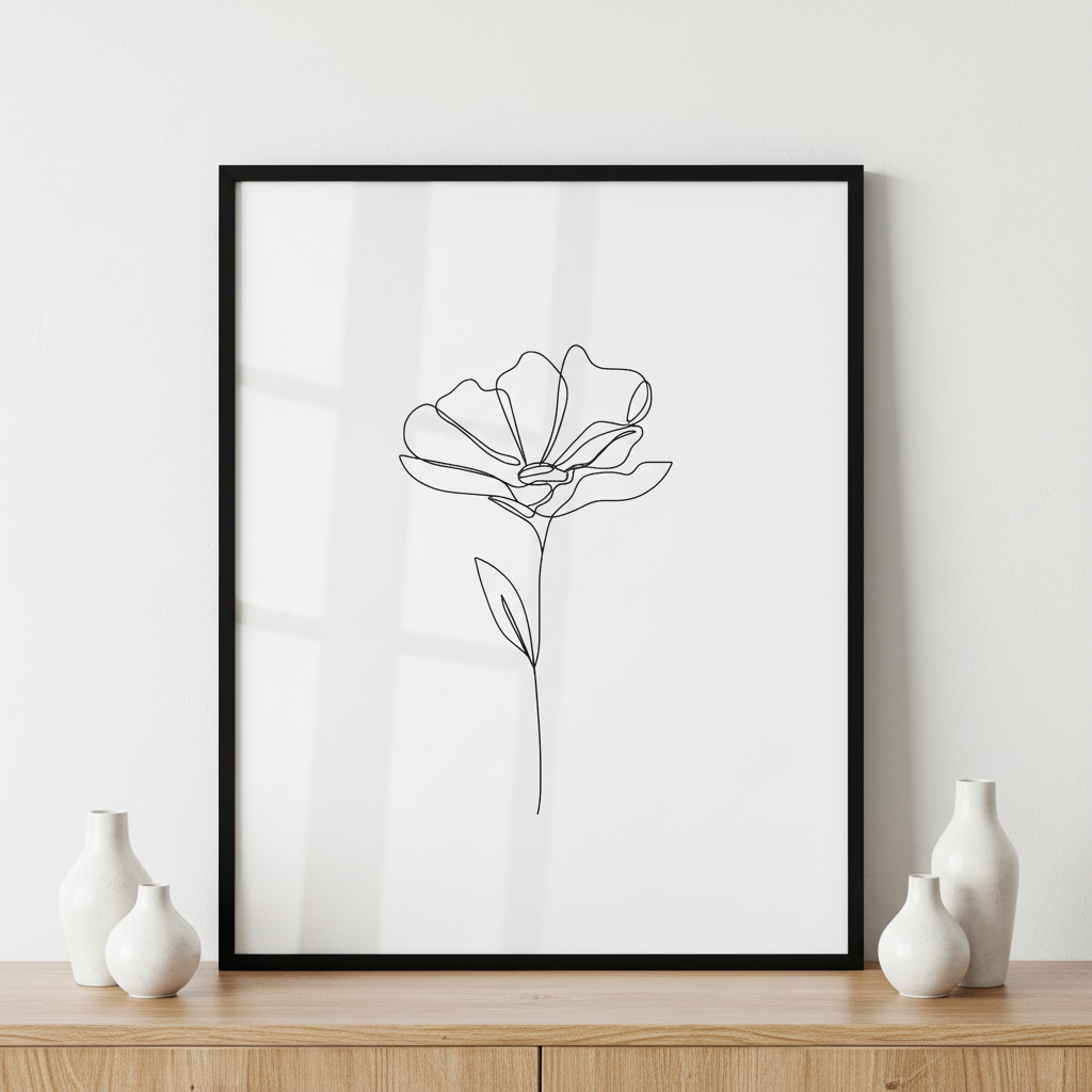 Flower One Line Drawing ภาพติดผังสไตล์นามธรรม สำหรับตกแต่งบ้านและคอนโด พร้อมกรอบคุณภาพ