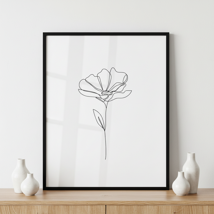 Flower One Line Drawing ภาพติดผังสไตล์นามธรรม สำหรับตกแต่งบ้านและคอนโด พร้อมกรอบคุณภาพ