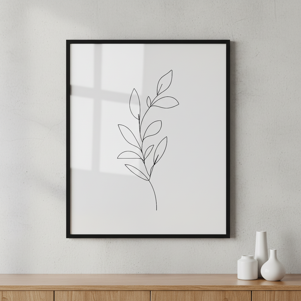 Leaves One Line Drawing ภาพติดผังสไตล์นามธรรม สำหรับตกแต่งบ้านและคอนโด พร้อมกรอบคุณภาพ
