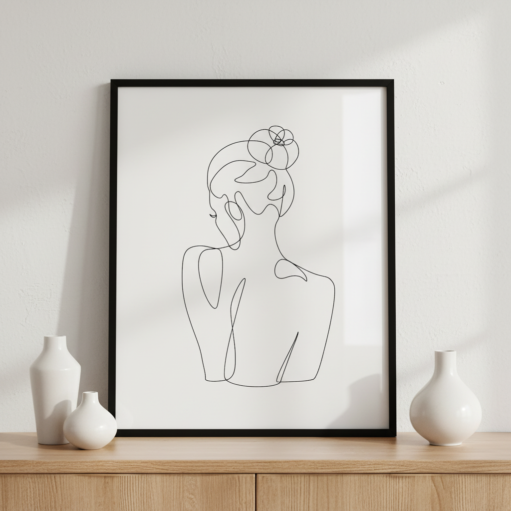Female Back Continuous Line Drawing ภาพติดผังสไตล์นามธรรม สำหรับตกแต่งบ้านและคอนโด พร้อมกรอบคุณภาพ