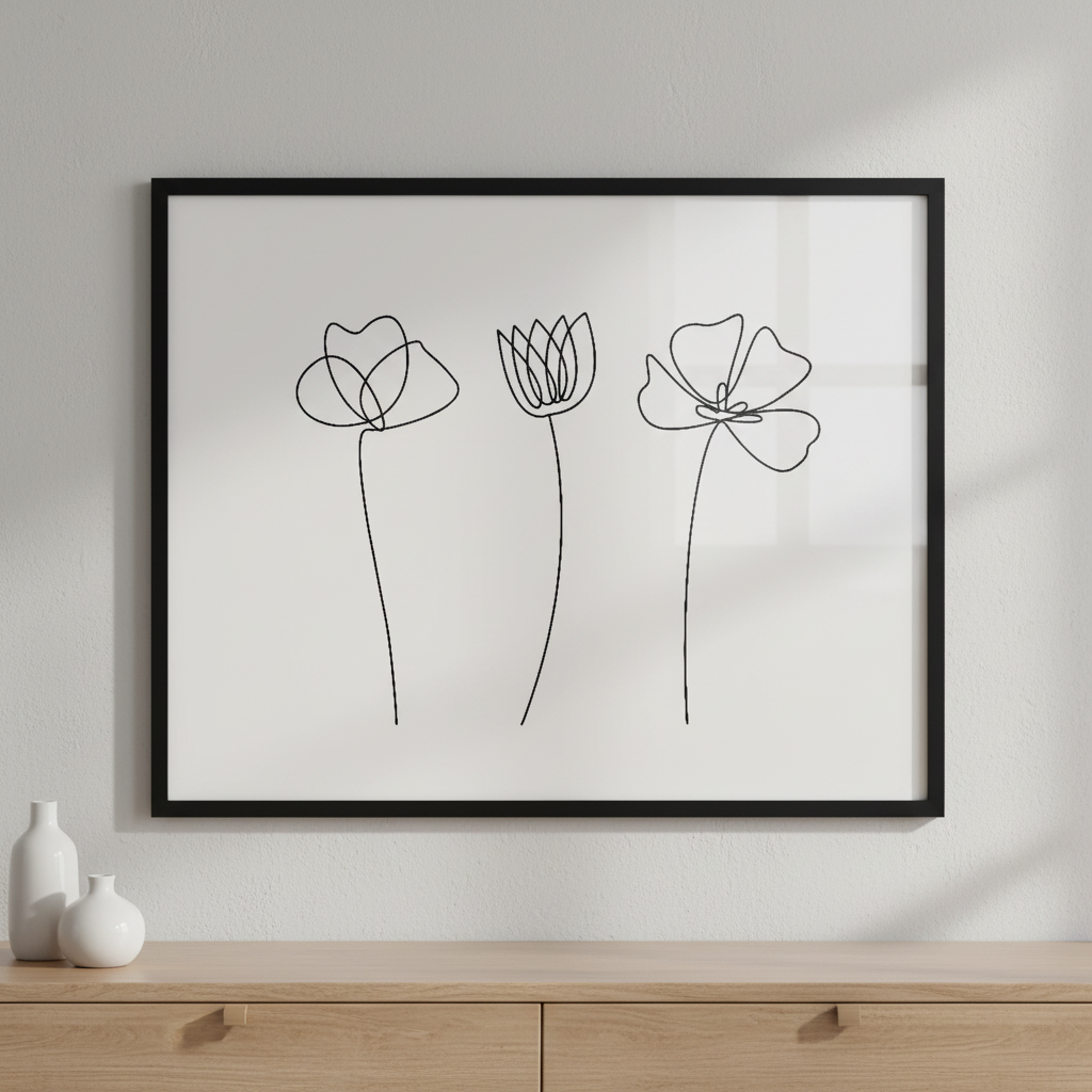 Abstract Line Flowers ภาพติดผังสไตล์นามธรรม สำหรับตกแต่งบ้านและคอนโด พร้อมกรอบคุณภาพ