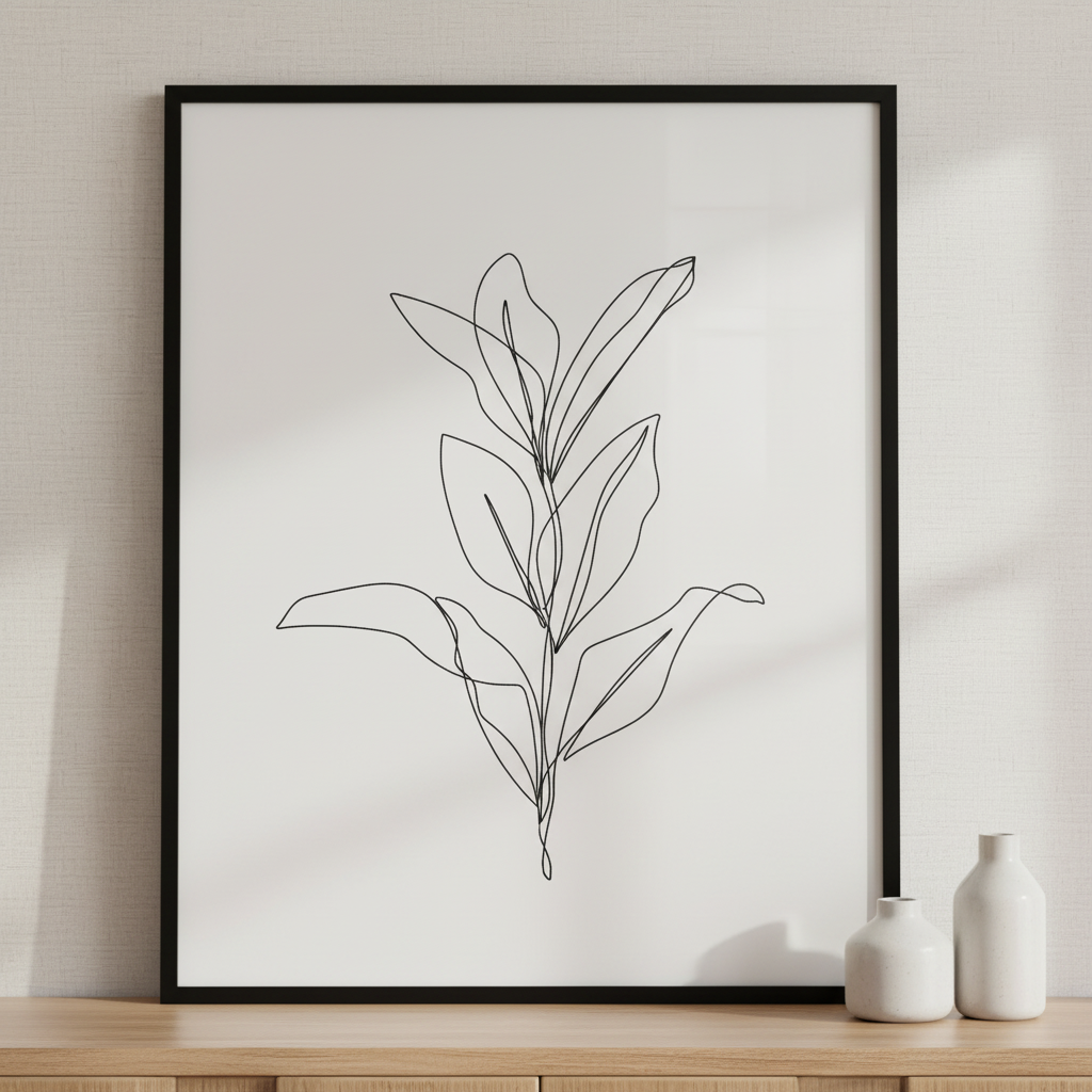 Continuous Line Drawing of Leaves ภาพติดผังสไตล์นามธรรม สำหรับตกแต่งบ้านและคอนโด พร้อมกรอบคุณภาพ