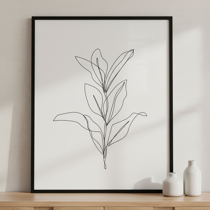 Continuous Line Drawing of Leaves ภาพติดผังสไตล์นามธรรม สำหรับตกแต่งบ้านและคอนโด พร้อมกรอบคุณภาพ