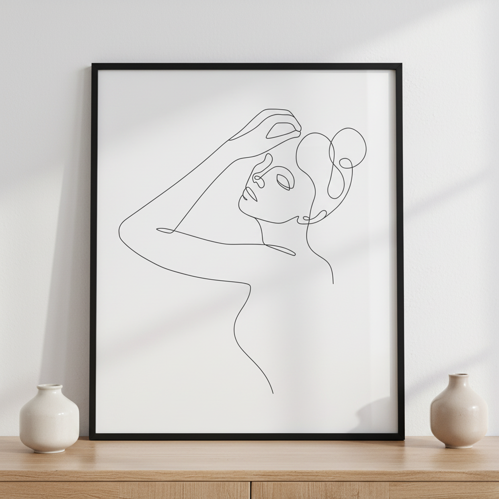 Line art woman illustration ภาพติดผังสไตล์นามธรรม สำหรับตกแต่งบ้านและคอนโด พร้อมกรอบคุณภาพ
