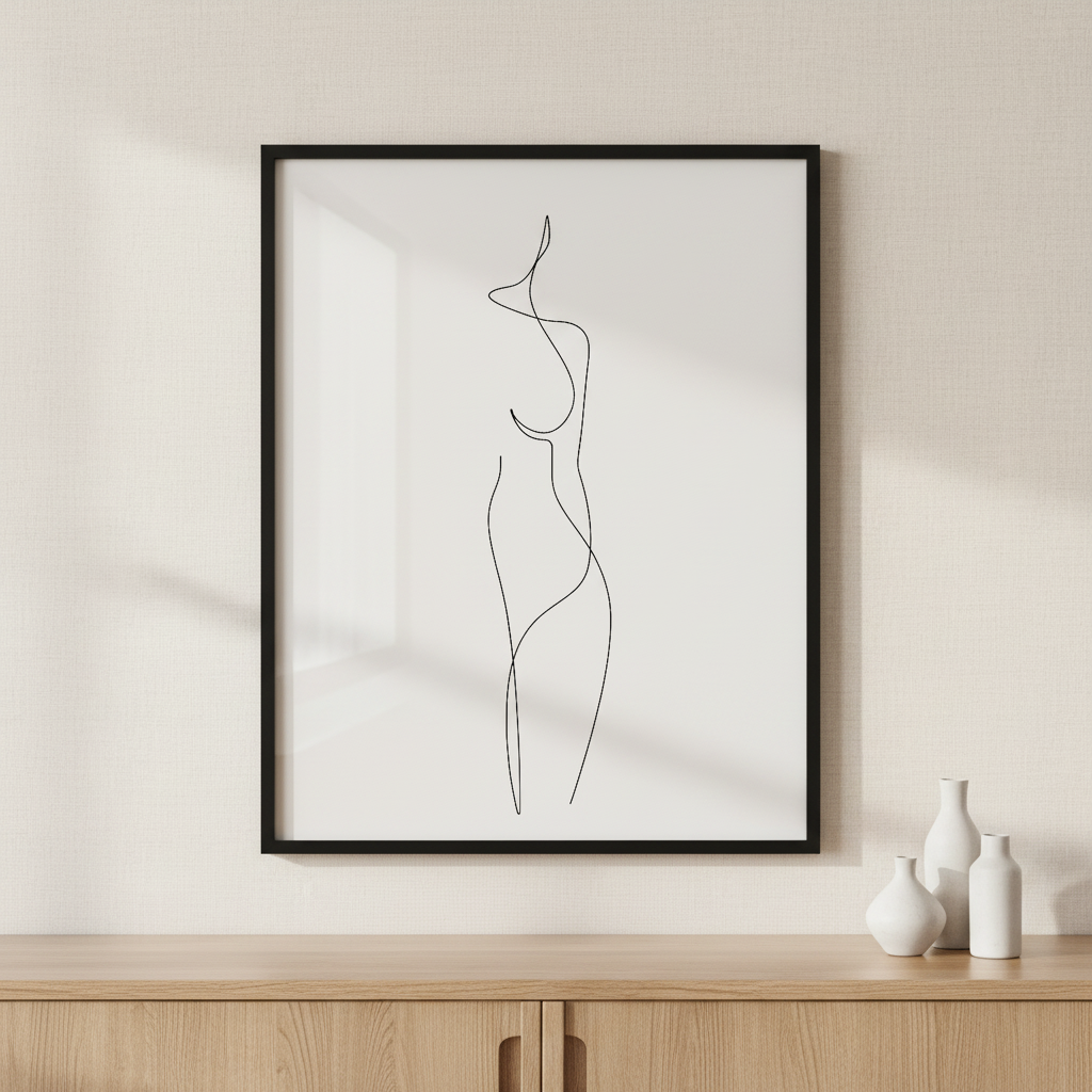 Woman Body One Line Drawing ภาพติดผังสไตล์นามธรรม สำหรับตกแต่งบ้านและคอนโด พร้อมกรอบคุณภาพ